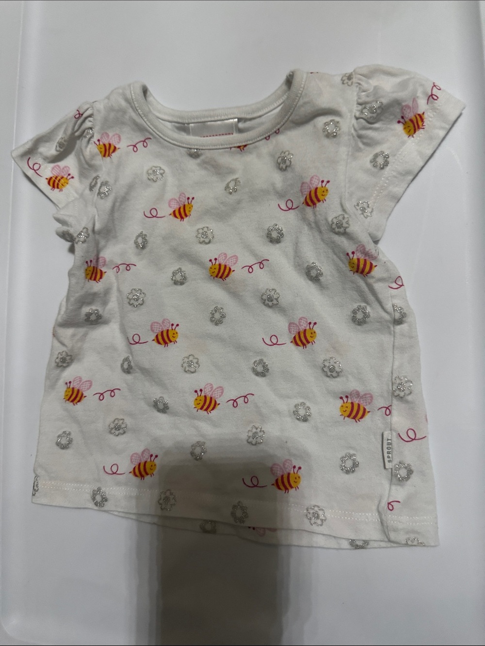 Girls White Bee Print Short Sleeve Tee size 3-6 m